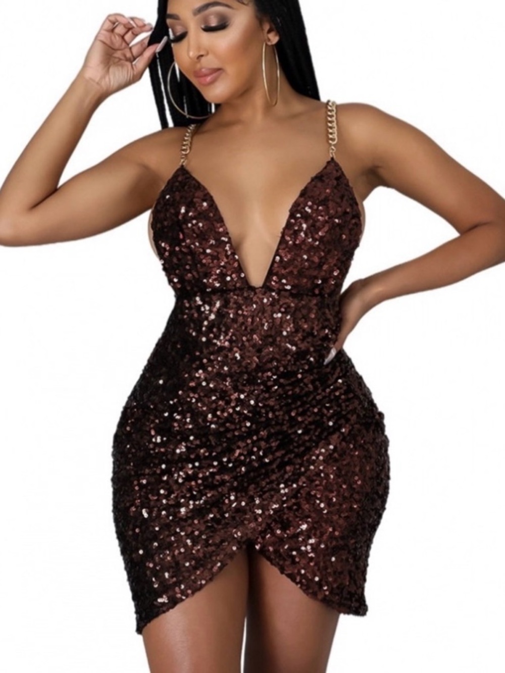 Crystal Doll Brown Sequin Plunge Bodycon Mini Dress Chain Cross Back